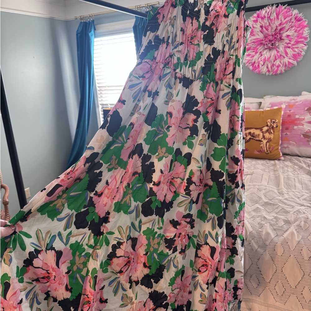 Floral Print Smocked Dress- Pink & Green